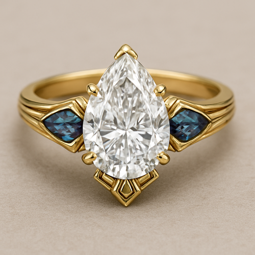 2 carat pear cut diamond with with claw prongs and marquise shaped alexandrite side stones set in a yellow flared shank 