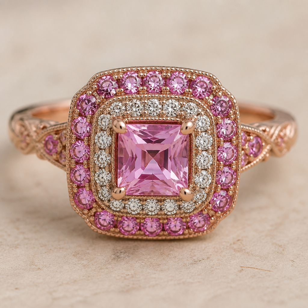 A vintage women's ring made of rose gold with diamond and sapphire stones suitable for birthday. zaffiro rosa quadrato con un contorno di diamanti e un contorno di zaffiri rosa tutto montato su oro rosa
photorealistic jewelry design, A vintage women's ring made of rose gold with diamond and sapphire stones suitable for birthday. zaffiro rosa quadrato con un contorno di diamanti e un contorno di zaffiri rosa tutto montato su oro rosa, vintage style, just the design no text