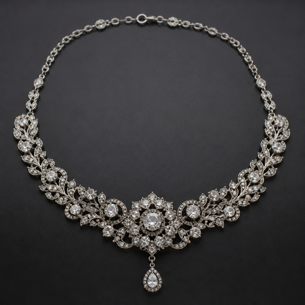 A vintage women's necklace made of silver suitable for party
photorealistic jewelry design, A vintage women's necklace made of silver suitable for party, vintage style, just the design no text