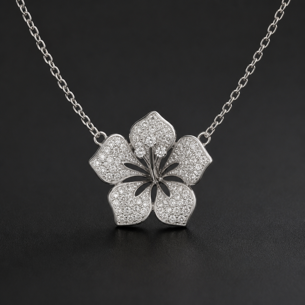 A women's necklace made of silver. hibicus ligne fine (diamand d'un coté des petales, toutes les petales) et delicat ,3 tres petit diamand dans le milieu au bout de la tige interieur de la fleur vide, plus detail, 5 petales chaine de chaque coté, tige qui ne depasse la fleur,
photorealistic jewelry design, A women's necklace made of silver. hibicus ligne fine (diamand d'un coté des petales, toutes les petales) et delicat ,3 tres petit diamand dans le milieu au bout de la tige interieur de la fleur vide, plus detail, 5 petales chaine de chaque coté, tige qui ne depasse la fleur,, modern style, just the design no text