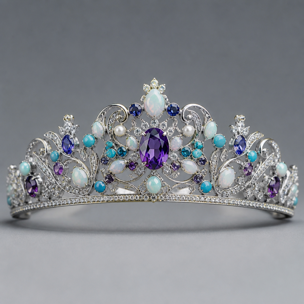 A romantic women's tiara made of platinum with amethyst and opal and pearl and sapphire and turquoise stones, detailed and decorative, moderately ornate