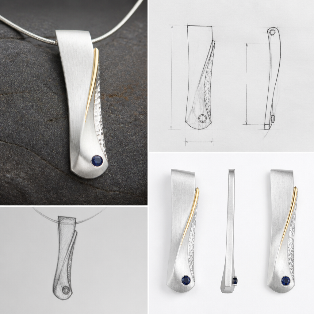 A avant-garde women's pendant made of silver with sapphire stones, minimalist, simple and delicate, clean lines. "photorealistic jewelry design, A scandinavian women's pendant made of silver suitable for daily wear, minimalist. simple and delicate, clean lines. simplistic form minimalist brushed silver finish with an accent of gold and a very small section of hammered surface, scandinavian style, with design scketchs and mesurments
photorealistic jewelry design, A avant-garde women's pendant made of silver with sapphire stones, minimalist, simple and delicate, clean lines. "photorealistic jewelry design, A scandinavian women's pendant made of silver suitable for daily wear, minimalist. simple and delicate, clean lines. simplistic form minimalist brushed silver finish with an accent of gold and a very small section of hammered surface, scandinavian style, with design scketchs and mesurments, avant_garde style, just the design no text