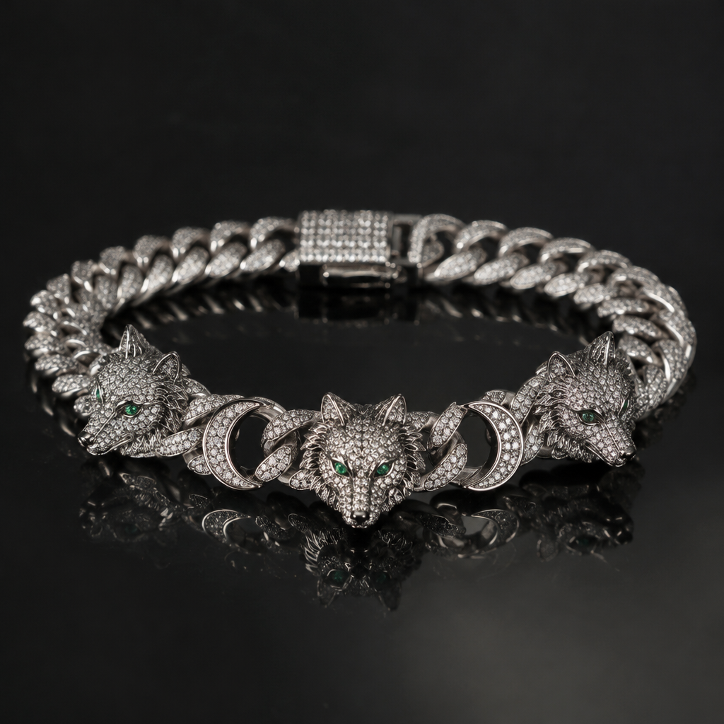 A women's ring. hola mucho gusto podrias ayudarme a crear una cadena cubana en oro blanco con 3 lobos de ojos verdes y 2 lunas
photorealistic jewelry design, A women's ring. hola mucho gusto podrias ayudarme a crear una cadena cubana en oro blanco con 3 lobos de ojos verdes y 2 lunas, modern style, just the design no text