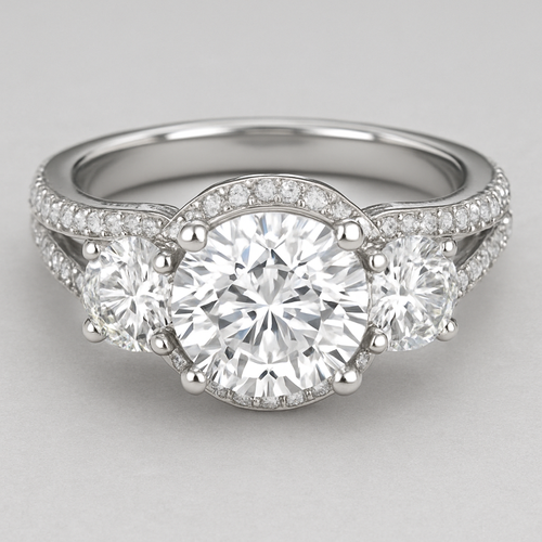 Elegant platinum 4 carat tw 3 stone ring with  hidden halo and pave split band