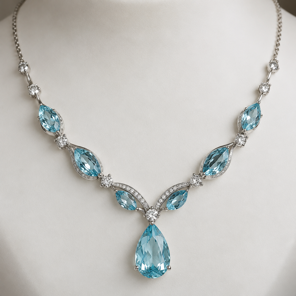 A women's necklace with aquamarine stones
photorealistic jewelry design, A women's necklace with aquamarine stones, modern style, just the design no text