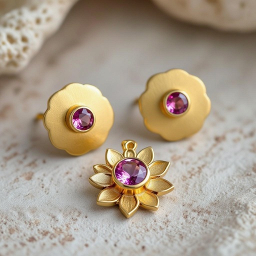 Gold-colored matte ring earrings. Diameter 1 cm. A flat lotus pendant with 6 petals. Pink quartz in the center of the lotus