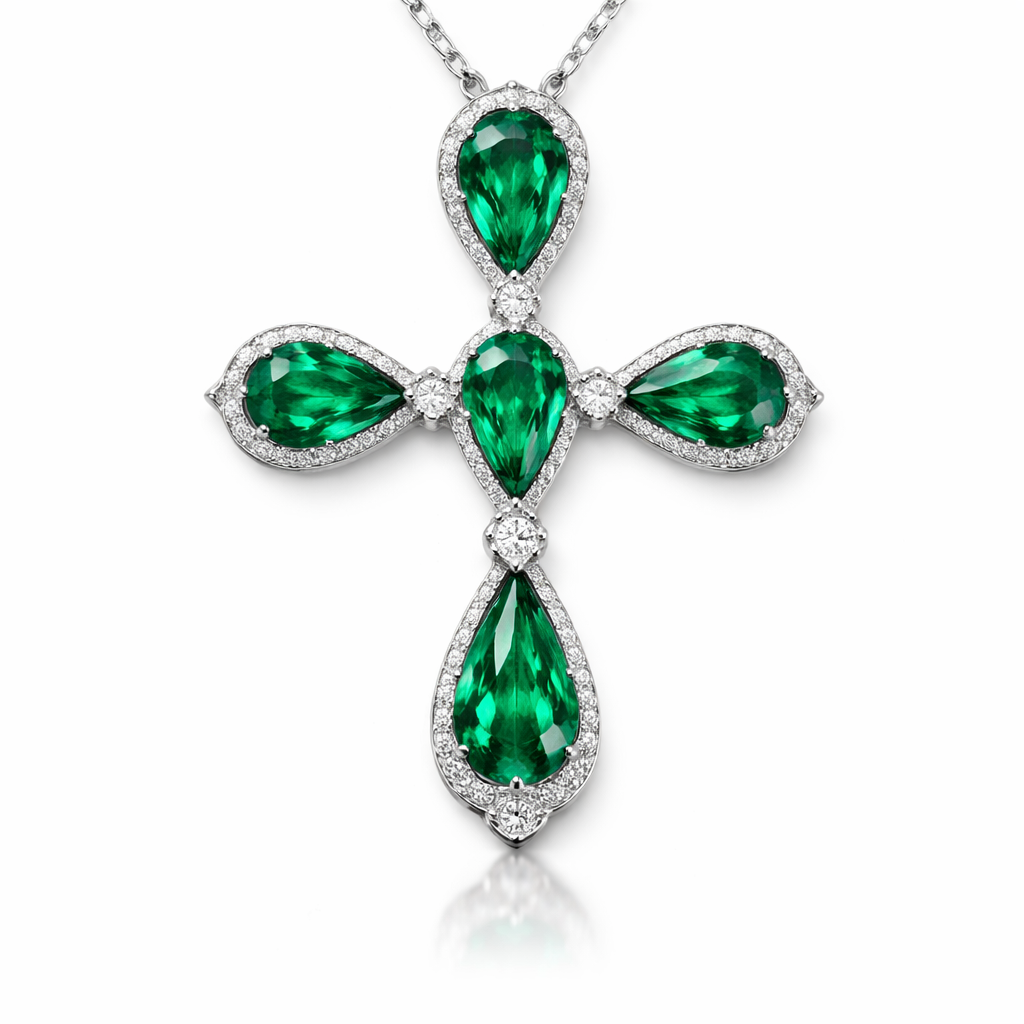 Pear cut Emerald white gold cross and with simple diamond accent stones. Timeless, elegant, and classy. Hidden bail. Light metal work.