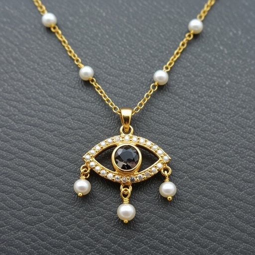 Тонкая цепочка с золотыми шариками и мелкими жемчужными камушками на цепочке есть кулон в форме глаза, зрачок глаза из раухтопаза от глаза идет маленькая подвеска с маленьким камушком 