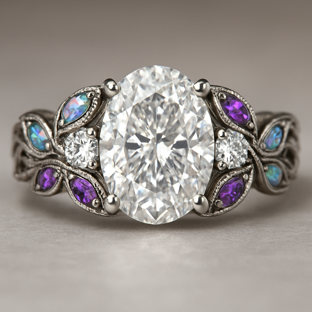 A silver engagement ring that has an oval lab diamond in the center and one on each side of the center one with more leaf design for the band to make it look bigger. The leaves should have a combo of opal and amethyst stones in them.  The band needs to have luxury twists design. Make the ring look more enchanting and more expensive.