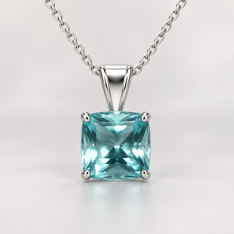 A minimalist women's pendant made of white gold. 2.8 ct square cushion cut neon blue green beryl
using the attached image as a visual reference, create A minimalist women's pendant made of white gold. 2.8 ct square cushion cut neon blue green beryl. photorealistic, just the design no text