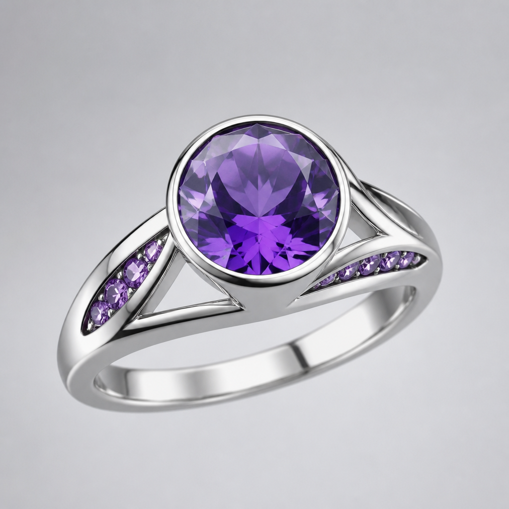A women's ring made of silver with amethyst stones. have a circular 12mm stone
photorealistic jewelry design, A women's ring made of silver with amethyst stones. have a circular 12mm stone, modern style, just the design no text