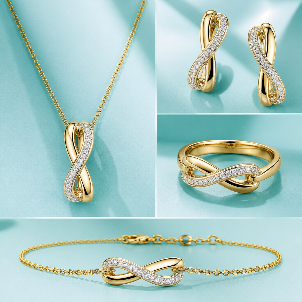 A modern women's necklace made of gold, detailed and decorative, moderately ornate. make a ring and bracelet and earrings with it as same design do it in Tiffany brand style
photorealistic jewelry design, A modern women's necklace made of gold, detailed and decorative, moderately ornate. make a ring and bracelet and earrings with it as same design do it in Tiffany brand style, modern style, just the design no text