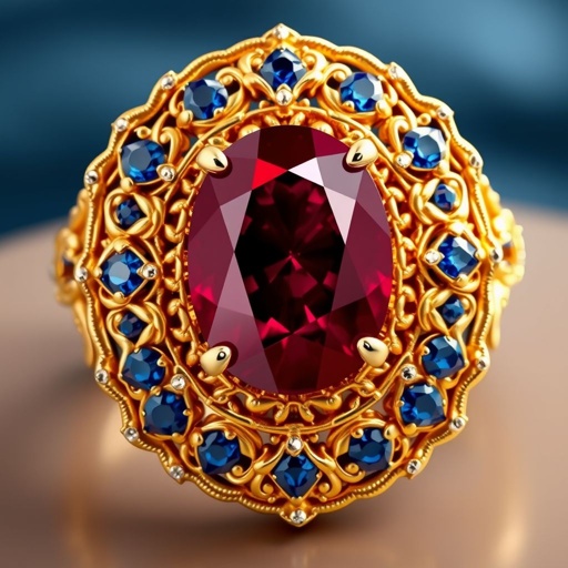 A oval shaped cut, 50 carat ruby and lapis gemstones, FL IF clarity ring
