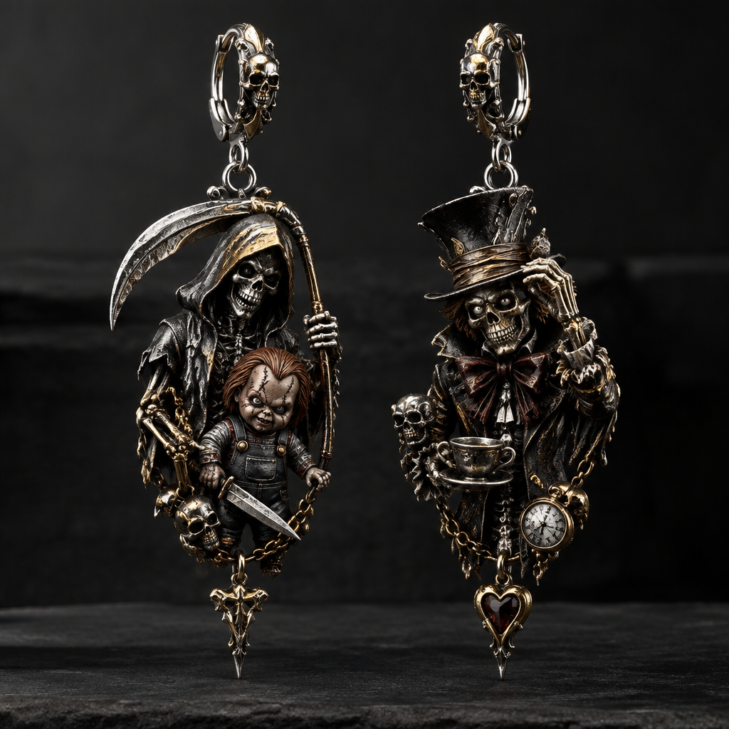 A gothic men's earrings made of mixed metal suitable for formal. a reaper with a skeleton with the madhatter with chucky
photorealistic jewelry design, A gothic men's earrings made of mixed metal suitable for formal. a reaper with a skeleton with the madhatter with chucky, gothic style, just the design no text