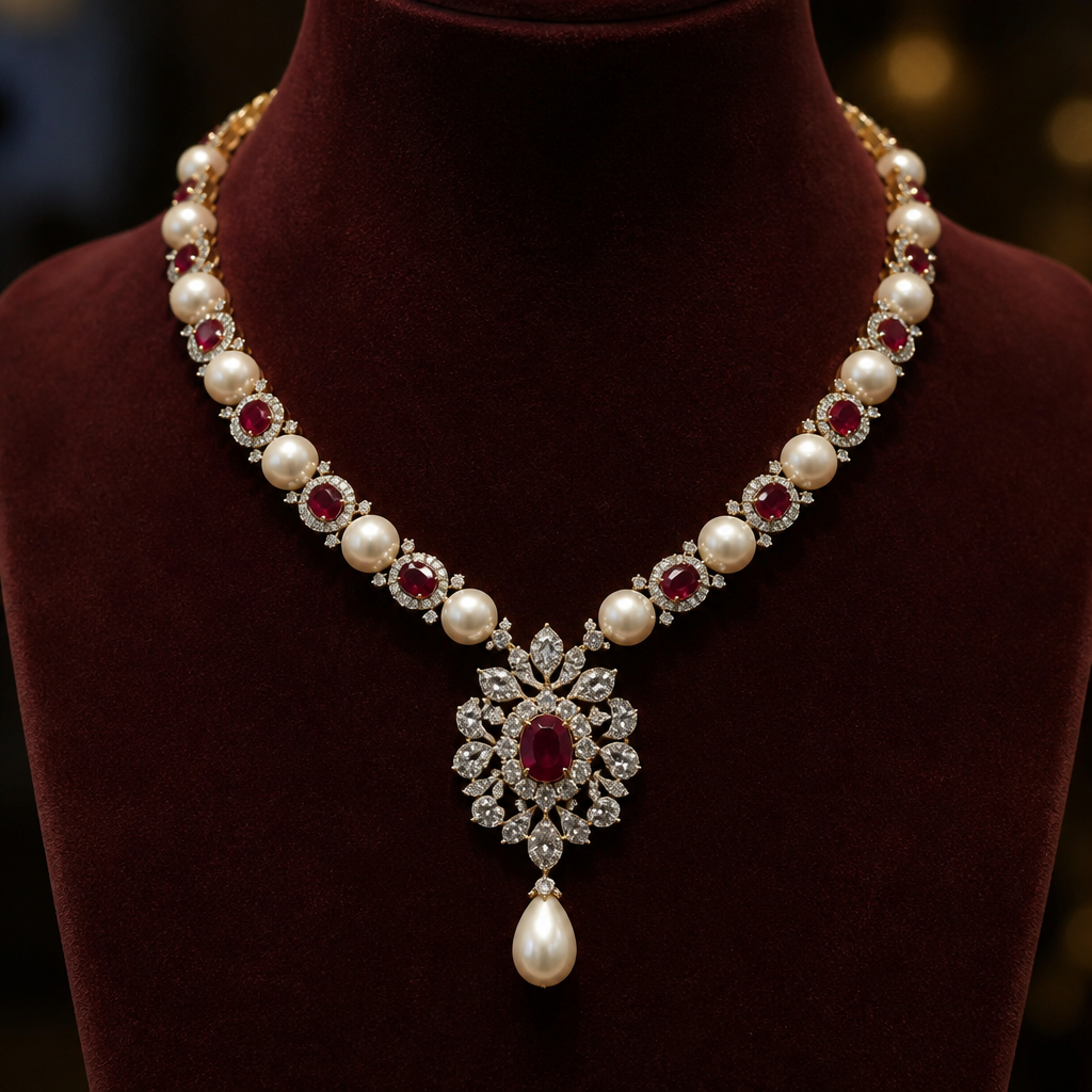 A classic women's necklace with pearl and diamond and ruby stones suitable for wedding
photorealistic jewelry design, A classic women's necklace with pearl and diamond and ruby stones suitable for wedding, classic style, just the design no text