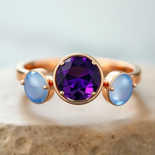 A simple, three stone 18 karat rose gold engagement ring set with a circular purple alexandrite. Also set with a small half moon blue chalcedony on one side right next to it, and a small half moon moonstone set on the other side right next to it. On the inside of the band, it has an inscription reading, “Tuum. Et in hac vita et in altera.”