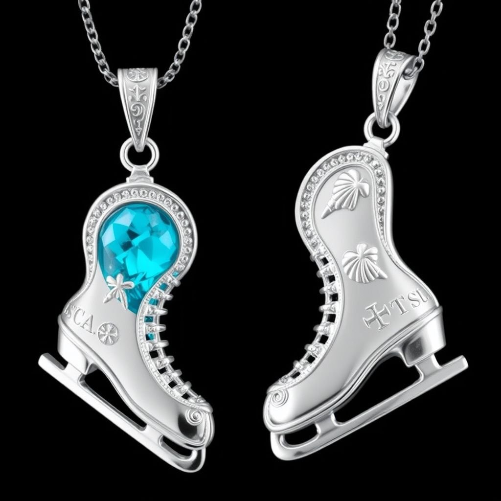 Silver Pendant shape one ice skate with turquoise stripe inside the low thin part blade 