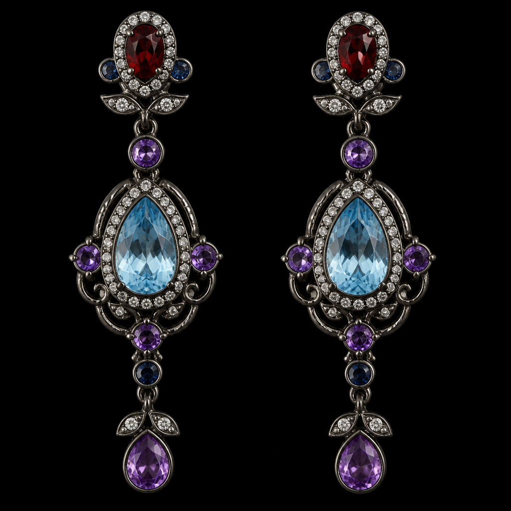 A vintage women's earrings made of titanium with topaz and diamond and sapphire and amethyst and garnet stones suitable for formal