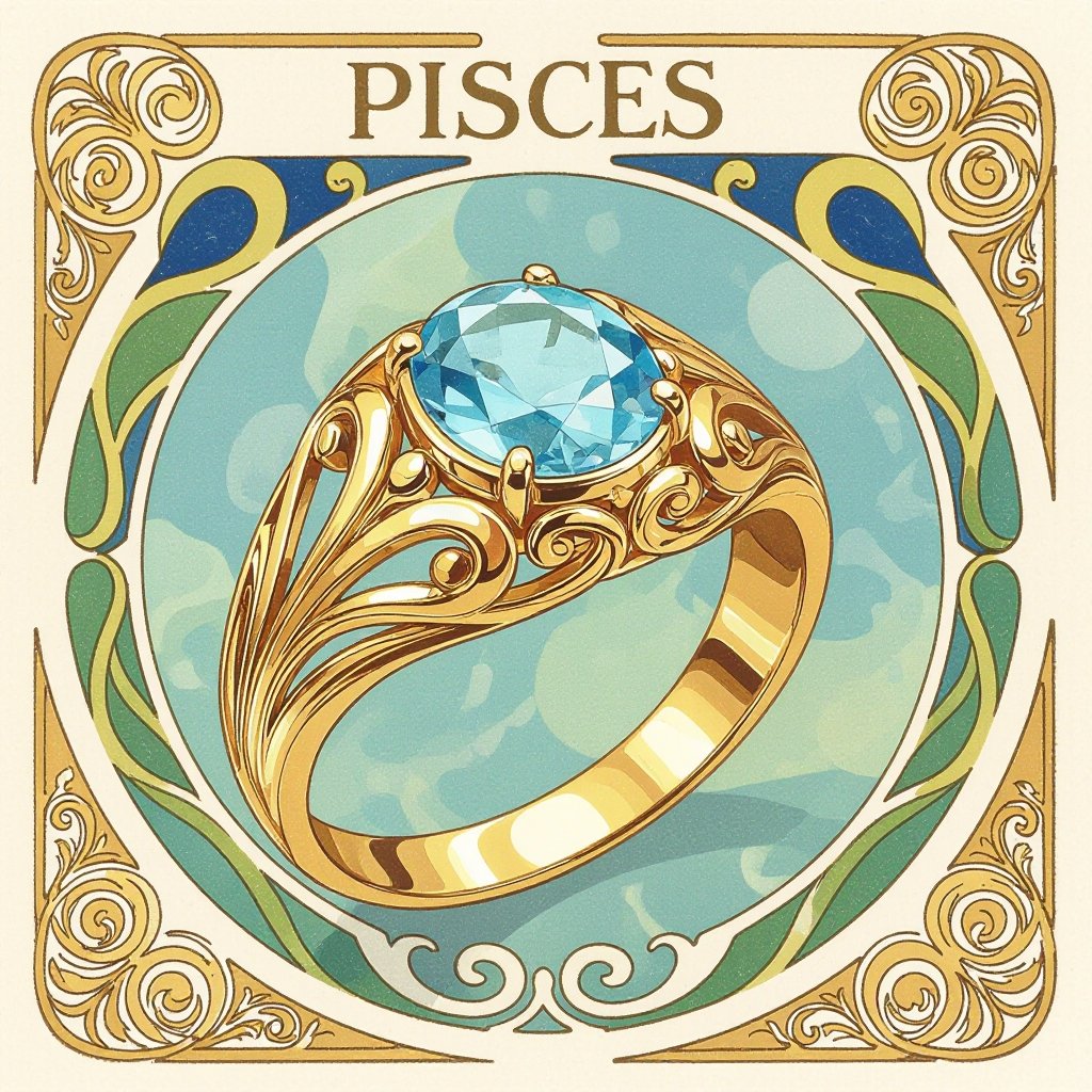 Aquamarine ring with pisces motif for man.
