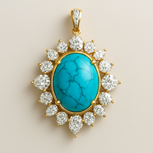pendant , main stone oval turquise. using pear round and marquise diamond