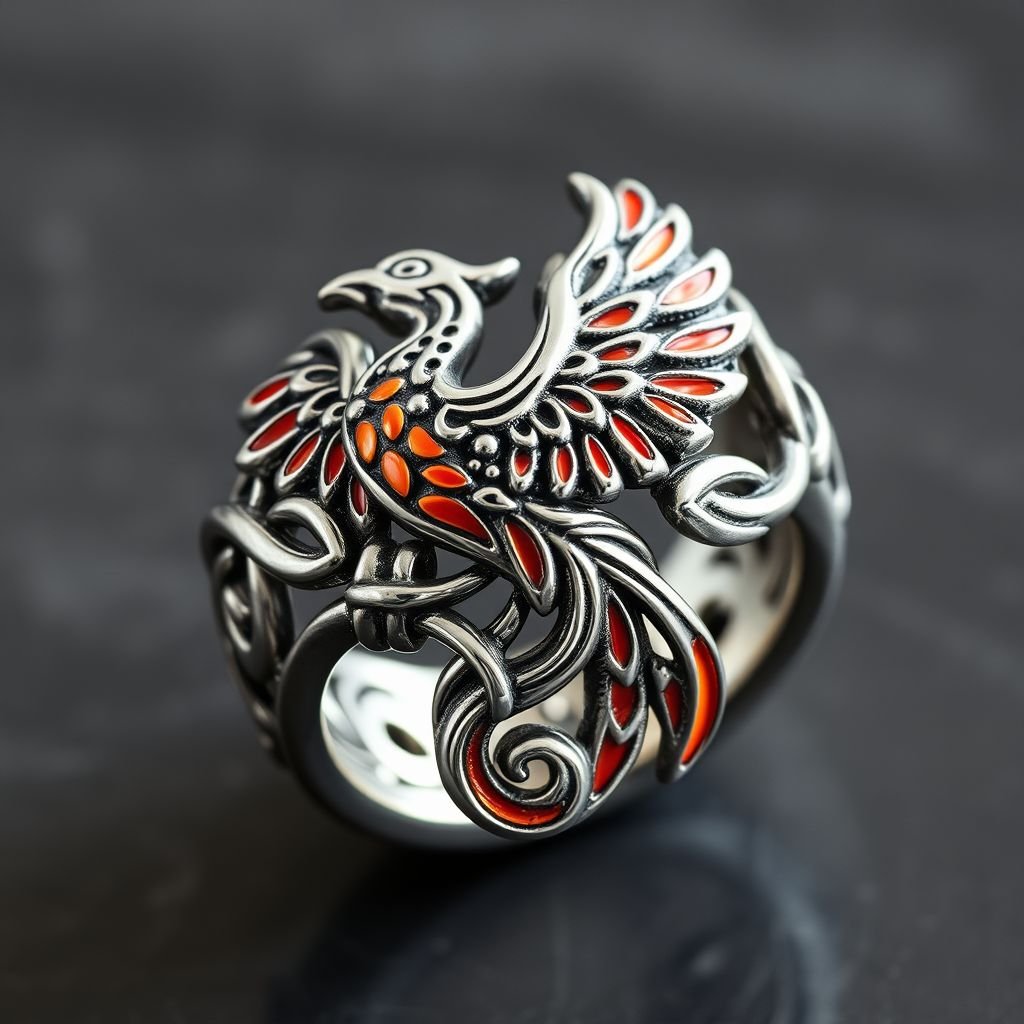 A silver segnit ring with a Celtic phoenix rising from the swirling flames on it 