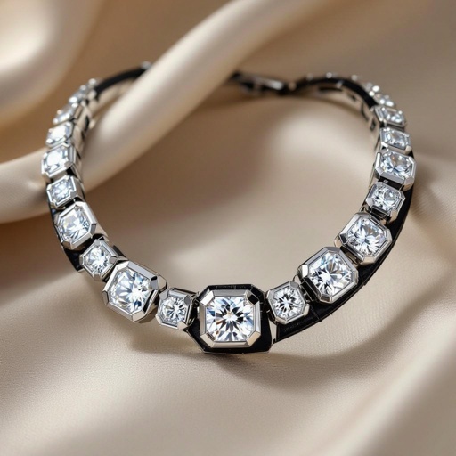 Necklace of geometric snake leather with diamonds of architecture shapes