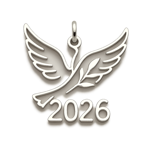 Slim white cut-out charm only with  two spread out bird wings, an olive branch and  along year 2026