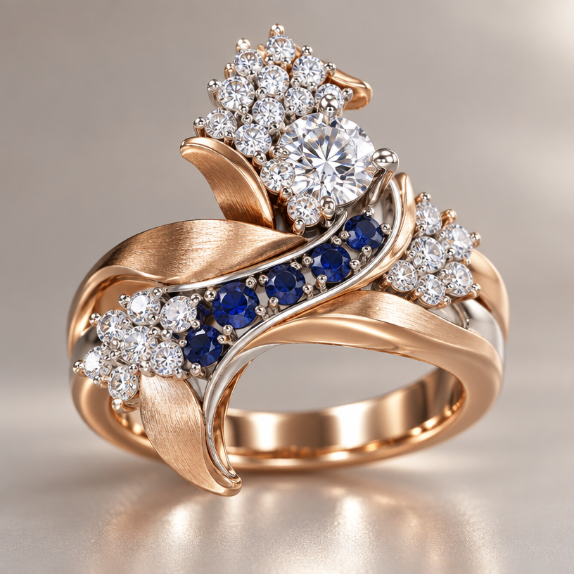 A romantic women's ring made of mixed metal with diamond and sapphire stones. design ring using the photo for gem size reference. the ring should contain 33 of the smaller diamonds, 7 of the sapphires, and the one larger diamond.
using the attached image as a visual reference, create A romantic women's ring made of mixed metal with diamond and sapphire stones. design ring using the photo for gem size reference. the ring should contain 33 of the smaller diamonds, 7 of the sapphires, and the one larger diamond.. photorealistic, just the design no text