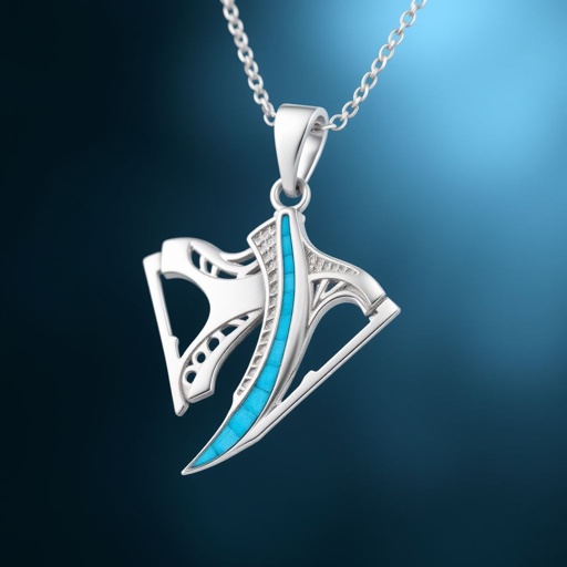 Silver pendant in the shape of ice skating blades with a turquoise stripe within the blade