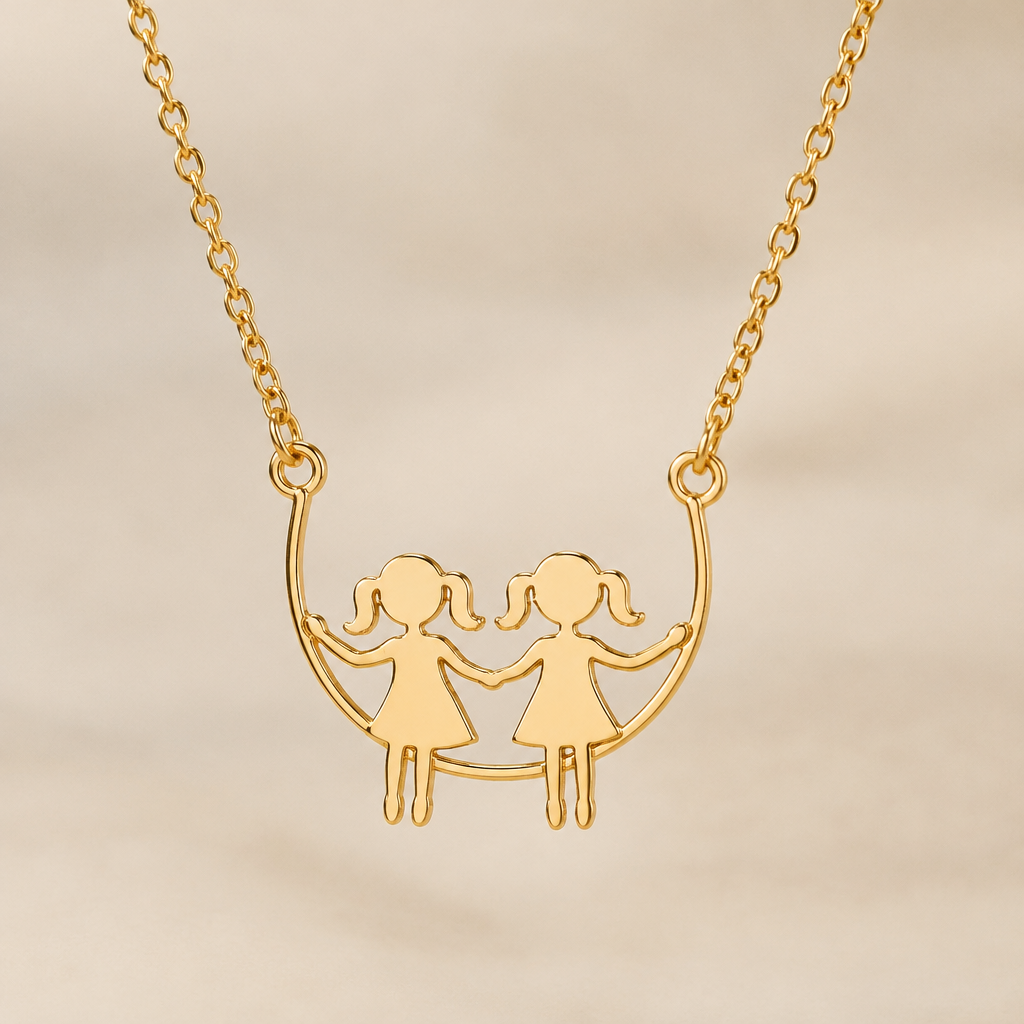 A women's necklace made of gold suitable for daily wear. um colar feminino com pingente vazado de duas meninas, seguradas em um arco
photorealistic jewelry design, A women's necklace made of gold suitable for daily wear. um colar feminino com pingente vazado de duas meninas, seguradas em um arco, modern style, just the design no text