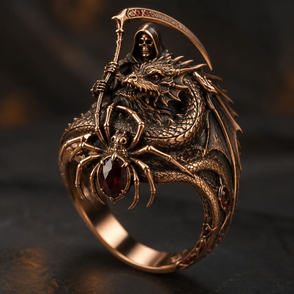 A luxury women's ring made of copper suitable for daily wear. a reaper with a dragon coat and a spider
photorealistic jewelry design, A luxury women's ring made of copper suitable for daily wear. a reaper with a dragon coat and a spider, luxury style, just the design no text