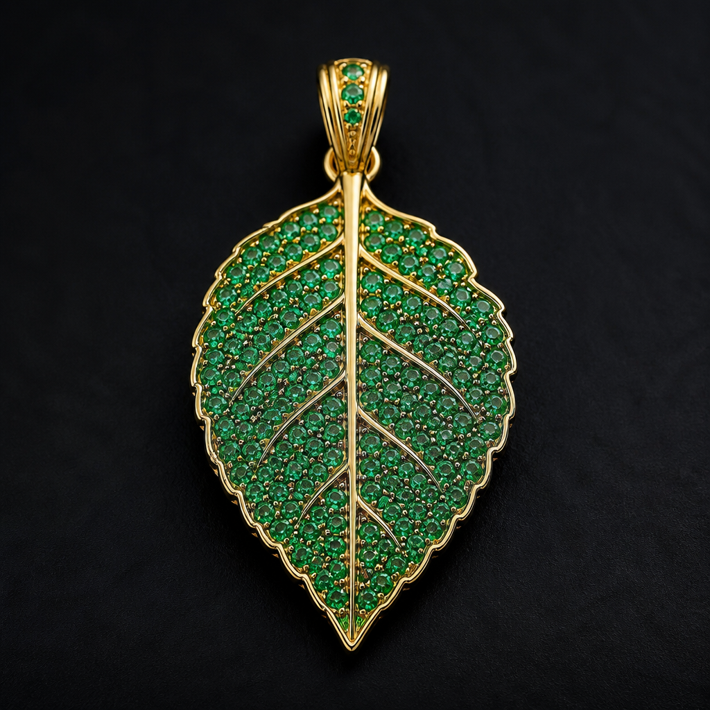 A luxury men's pendant made of gold with emerald stones suitable for party. Un colgante de hoja de tabaco
photorealistic jewelry design, A luxury men's pendant made of gold with emerald stones suitable for party. Un colgante de hoja de tabaco, luxury style, just the design no text