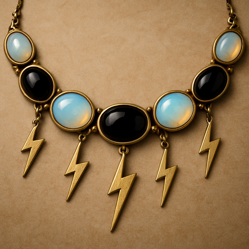 Opalite and onyx collar with yellow gold lightening bolts