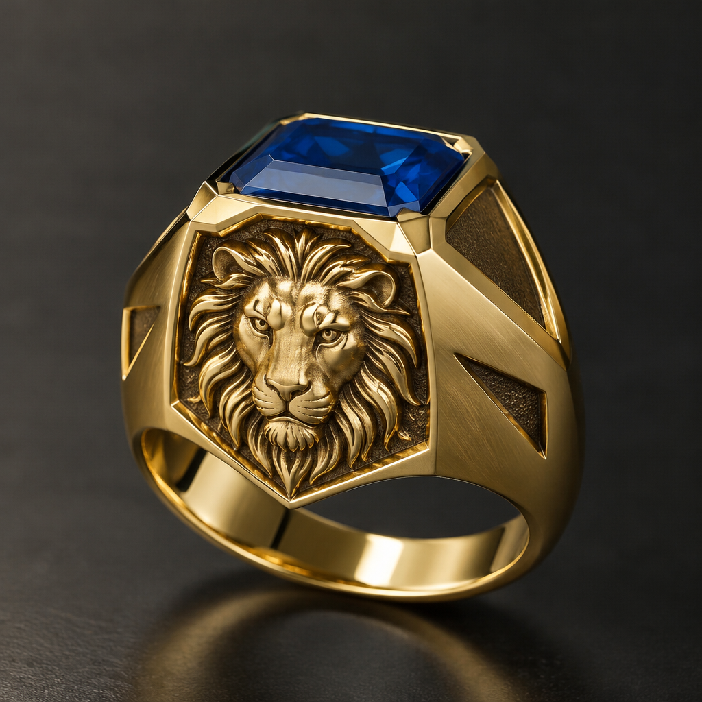 Golden men ring. On the one side head of lion flat but in front. Blue rock on the top
photorealistic jewelry design, Golden men ring. On the one side head of lion flat but in front. Blue rock on the top, modern style, just the design no text