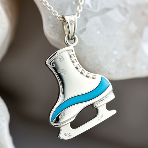 Silver Pendant shape one ice skate with turquoise stripe inside the low thin part blade