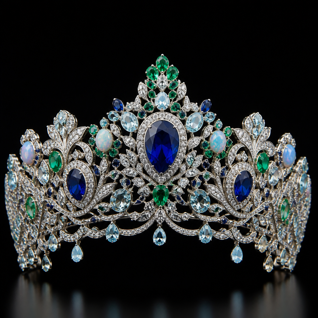 A women's tiara with sapphire and diamond and emerald and opal and aquamarine stones, highly ornate, intricate and elaborate, richly detailed
photorealistic jewelry design, A women's tiara with sapphire and diamond and emerald and opal and aquamarine stones, highly ornate, intricate and elaborate, richly detailed, modern style, just the design no text