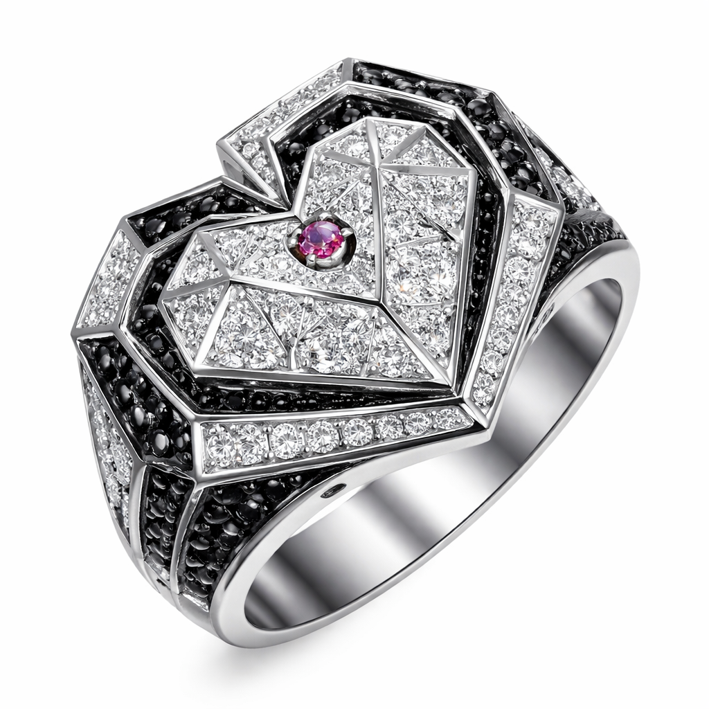 Modern Geometric ring of heart of around shape and edges of bold style with white and black diamond and small ruby of white background