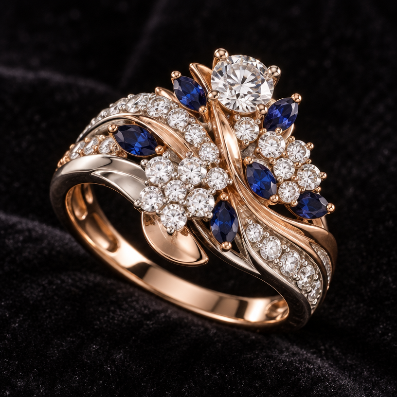 A bespoke/custom women's ring made of mixed metal with diamond and sapphire stones. design ring using the photo for gem size reference. the ring should contain 33 of the smaller diamonds, 7 of the sapphires, and the one larger diamond.
using the attached image as a visual reference, create A bespoke/custom women's ring made of mixed metal with diamond and sapphire stones. design ring using the photo for gem size reference. the ring should contain 33 of the smaller diamonds, 7 of the sapphires, and the one larger diamond.. photorealistic, just the design no text