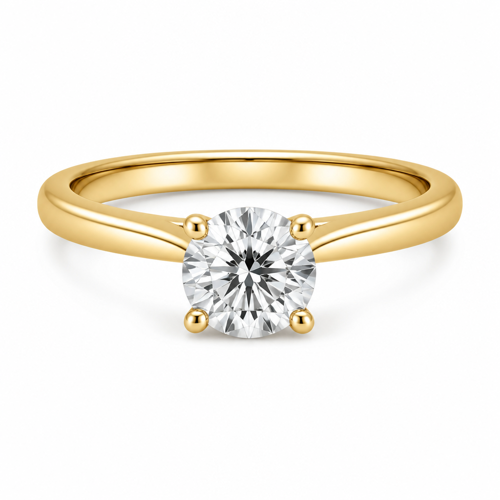 classic
photorealistic jewelry design, just the design, no text, Classic yellow gold ring with a round diamond in a solitaire setting.