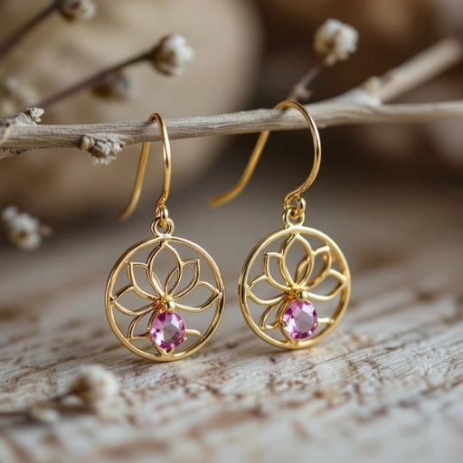 Серьги небольшие кольца,на серьгах висит в виде золотого лотоса шестью лепестками с маленьким розовым кварцем по центру