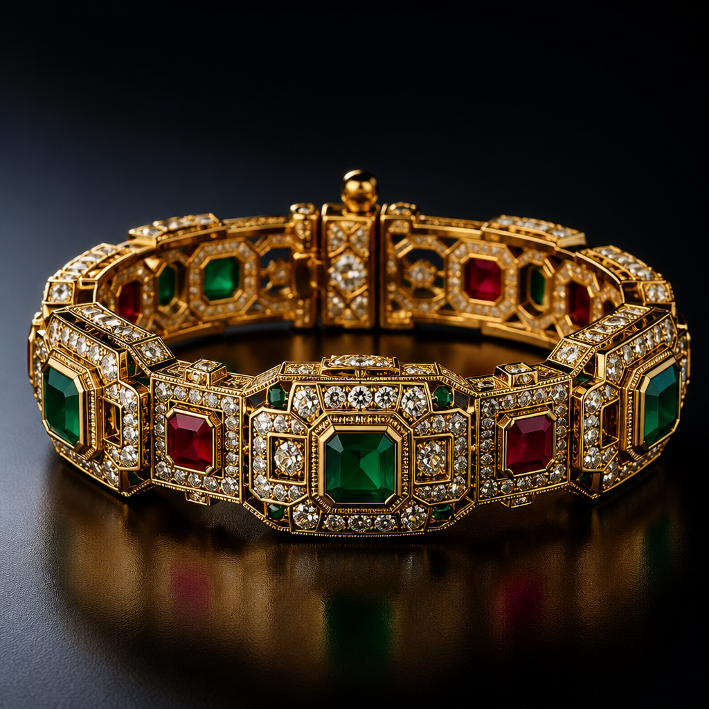 A luxury men's bracelet made of gold with diamond and ruby and emerald stones, highly ornate, intricate and elaborate, richly detailed
photorealistic jewelry design, A luxury men's bracelet made of gold with diamond and ruby and emerald stones, highly ornate, intricate and elaborate, richly detailed, luxury style, just the design no text