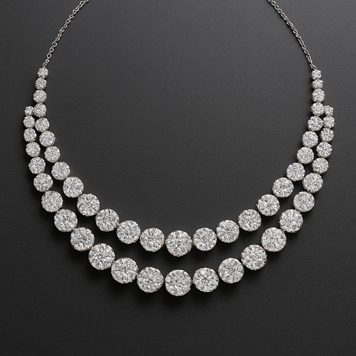Double triple row necklace with multiple size round diamonds half way around 