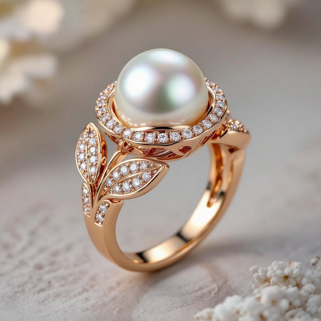 golden ring with peral sorrounded by diamonds inside a rose with leaves 