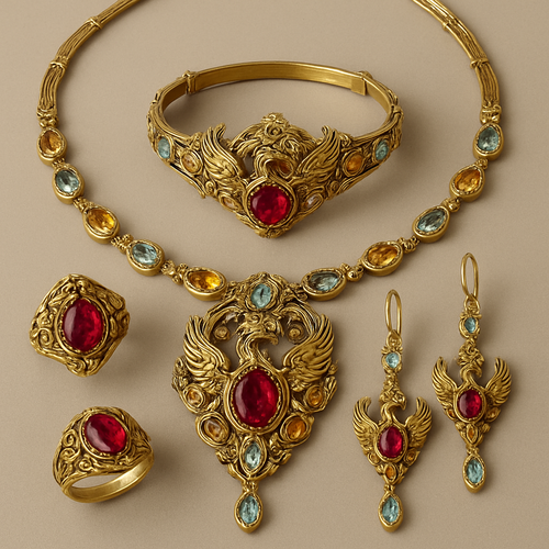 A full Ruby jewelry set including bracelet, earrings and rings with at least 10 citrine and topaz inlays with phoenix themes and an omega necklace