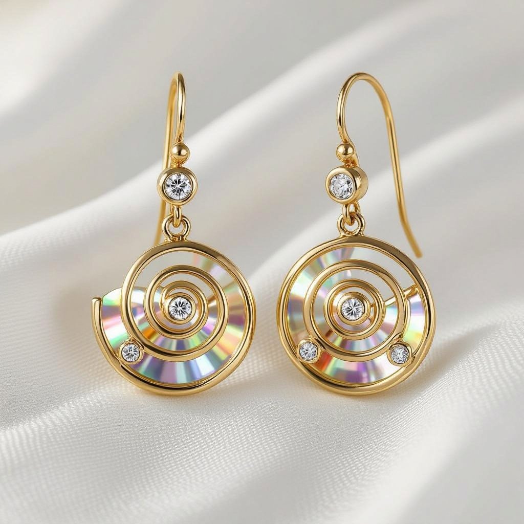 Золотые серьги в виде золотой спиральной ракушки украшенной тремя маленькими камнями 