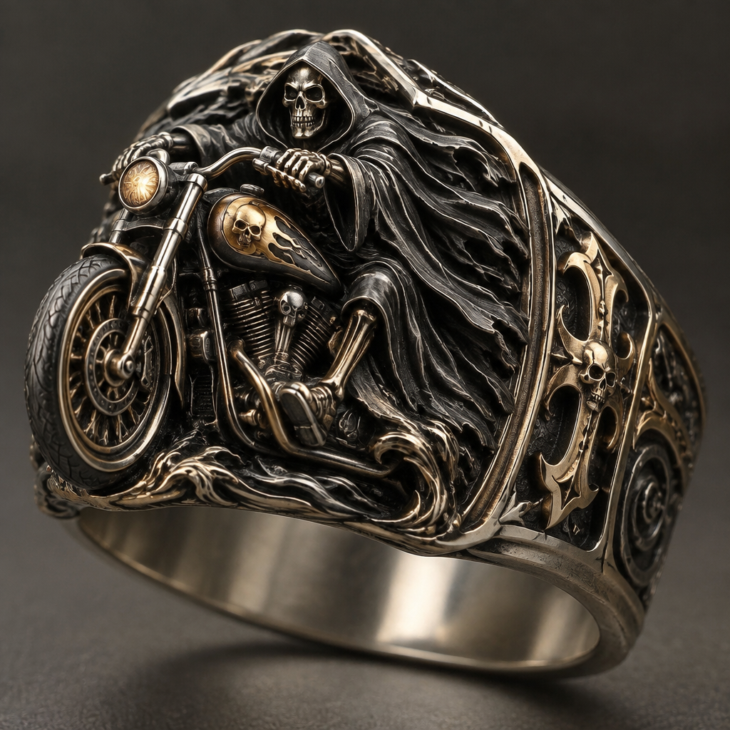 A gothic men's ring made of mixed metal suitable for formal, detailed and decorative, moderately ornate. reaper on a motorcycle
photorealistic jewelry design, A gothic men's ring made of mixed metal suitable for formal, detailed and decorative, moderately ornate. reaper on a motorcycle, gothic style, just the design no text