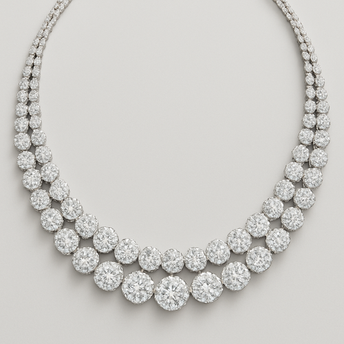 Double triple row necklace with 56 multiple size round diamonds cluster style half way around 