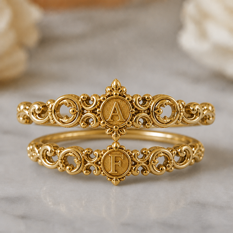 Remove the pearls completely and make it gold, put in the initials A and F in an aesthetic way
edit the attached jewelry design with these instructions: Remove the pearls completely and make it gold, put in the initials A and F in an aesthetic way. keep it photorealistic, just the design no text