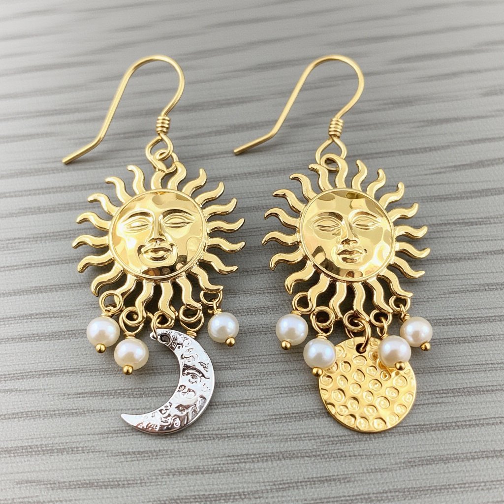 Золотые серьги словно мятое золото в форме солнца с волнистыми лучами крепится к застежке серьги. К нижней части солнца крепятся подвески: миниатюрная серебристая луна, очень маленький жемчуг и маленький золотой кружочек с мятым эффектом плоский