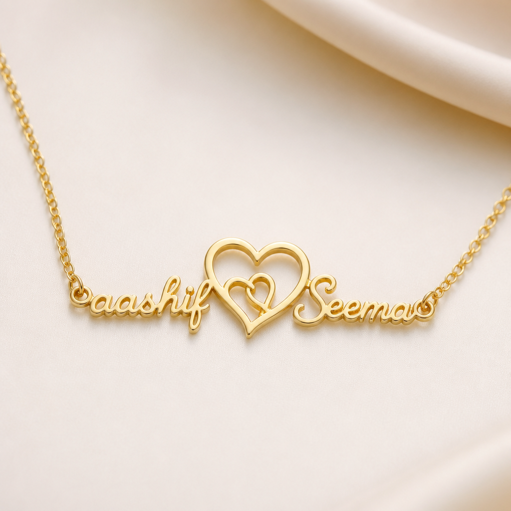 A romantic women's necklace made of gold suitable for formal, minimalist, simple and delicate, clean lines. add the name aashif and Seema in that jewelry
photorealistic jewelry design, A romantic women's necklace made of gold suitable for formal, minimalist, simple and delicate, clean lines. add the name aashif and Seema in that jewelry, romantic style, just the design no text